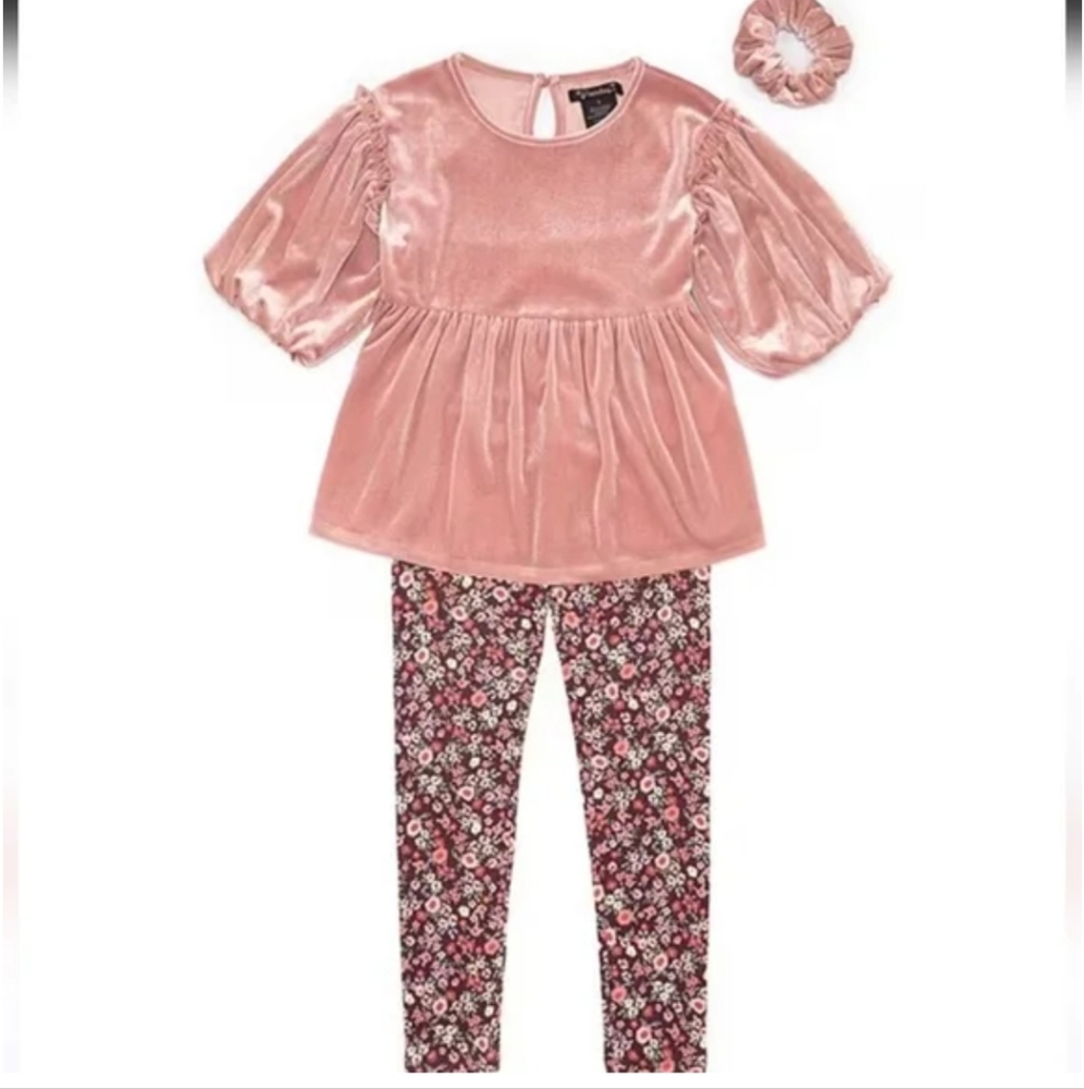 Xtraordinary Girls 3/4 Sleeve Velvet Babydoll Top & Floral Printed Leggings
